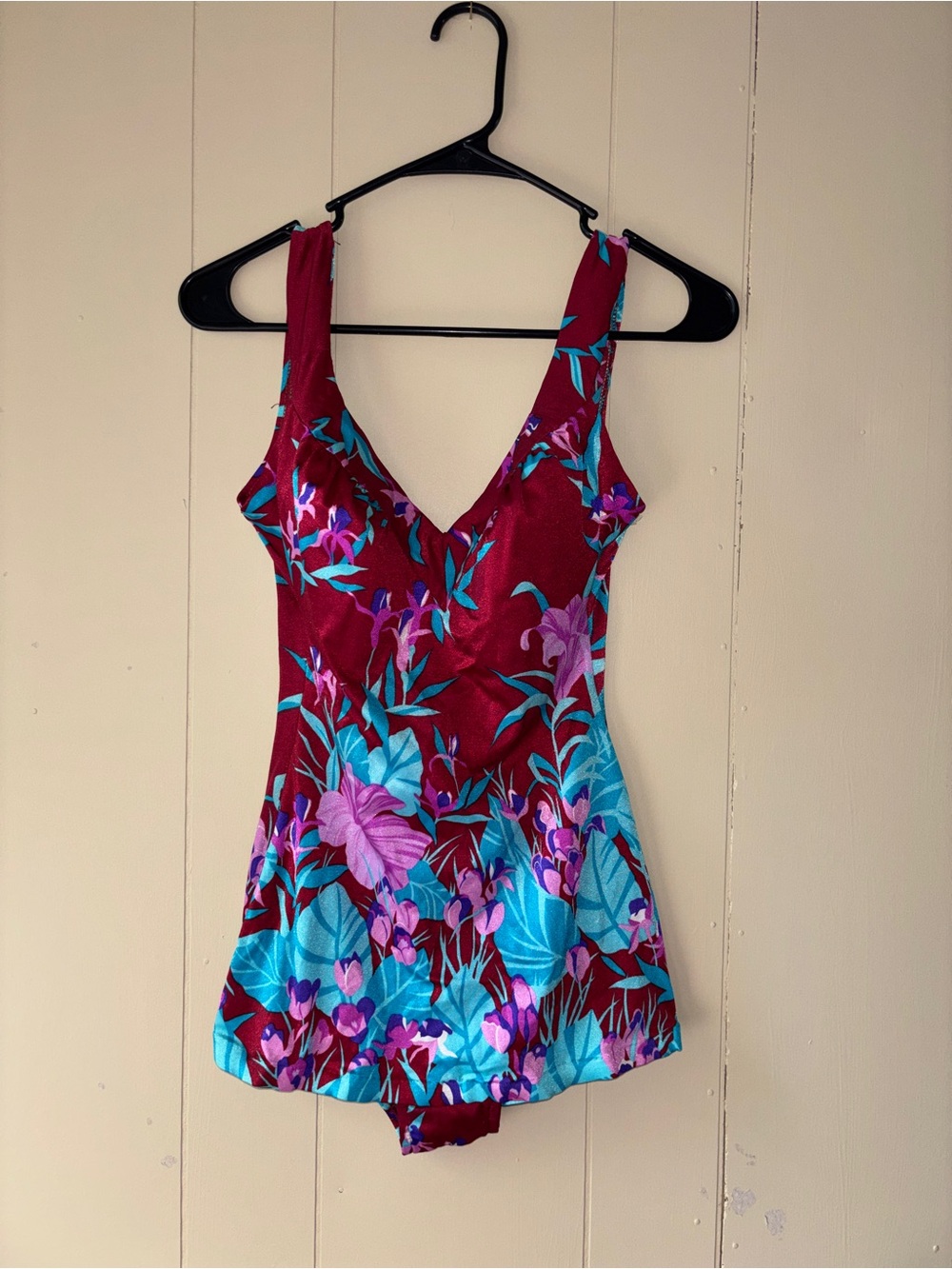 Sears Vintage’80’s Floral One-Piece Swimsuit in Burgundy, Teal, Purple